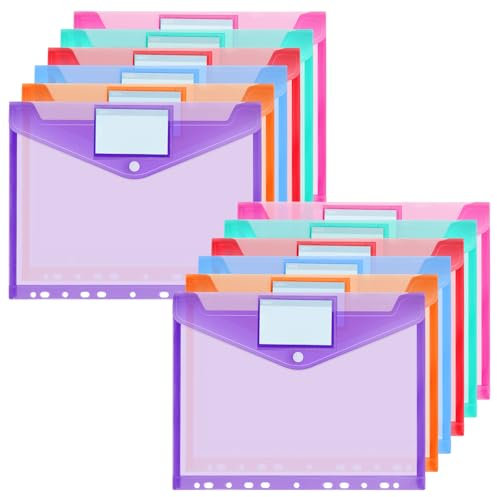 OFFCUP Dokumententasche A4, 12 Stück Transparent Dokumentenmappe mit Druckknopf und Etikettentasche, Wasserdicht A4 zum Abheften, Datei Taschen Sichttasche mit 11 Lochrand, 12 Farben