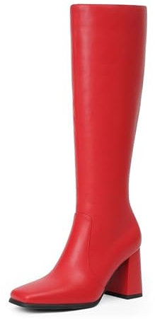 Modatope Go-Go-Stiefel für Damen im 70er-Jahre-Stil, klassische, kniehohe Stiefel mit quadratischer Zehenpartie, Blockabsatz und modischem, seitlichem Reißverschluss, rot (a), 39 EU