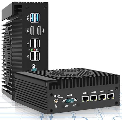 Firewall Hardware Enrutador con Ventilador, Enrutador Mini PC DDR5 8GB 256GB NVMe SSD 4 * 2.5GbE i226-V LAN VPN Compatible con pfSense/OPNsense/OpenWrt/Proxmox/AESNI