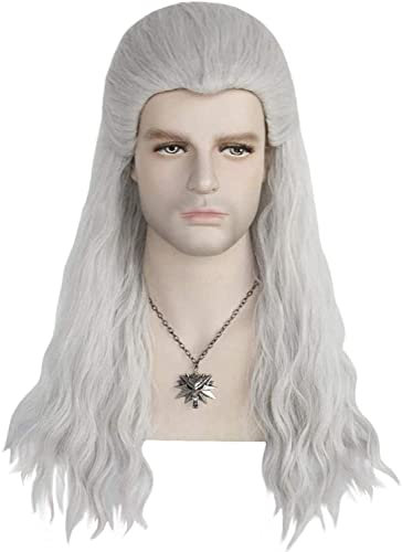 Uearlid Wig Anime Cosplay Spiel Witcher Silbergrau Lange Gerade Mann Cosplay Perücke Synthetische Anime Rollenspiele Haarperücken for Party Halloween mit Halskette