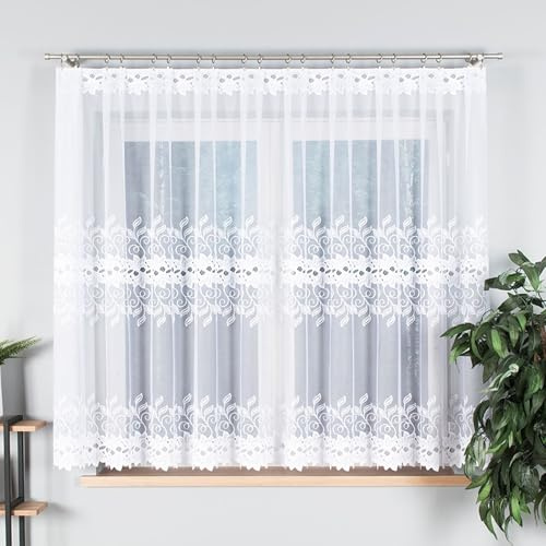 Gardinen Vorhangen Weiß 500x180 cm (BxH) Milton Jacquard Kurz Lang Vorhänge mit Kräuselband Wohnzimmer Gardinenschals Schlafzimmer Küchenvorhang Blumen Motiv