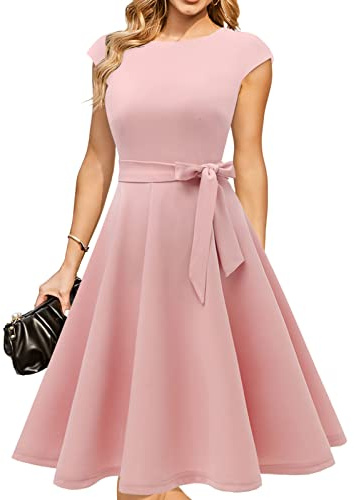 DRESSTELLS Women's Party Dress, Summer Formal Wedding Guest Graduation Prom Vintage Evening Modest Casual Midi Dress 2026 Blush L