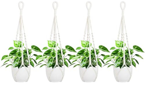 Luckwaii Makramee Blumenampel Blumentopf Hängend, 4 Stück Baumwollseil für Hängepflanztopf Pflanzen Aufhängung, Beige Hängeblumentopf für Innen Außen Garten Wohnzimmer Balkone Deko zum Aufhängen(85cm)
