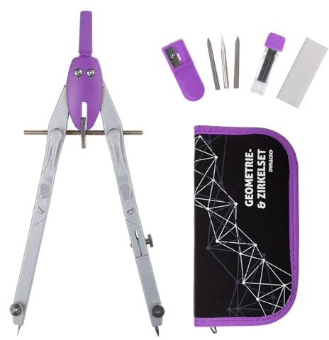 DynaTech Zirkel Geometrie-Set Lila 13-teilig inkl. Schnellverstellzirkel mit Federmäppchen, 2 Ersatzminen, Etui und Zubehör für Schule Uni und Büro