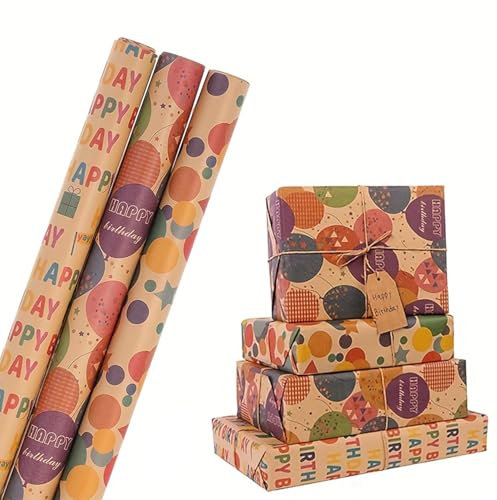 Geschenkpapier Geburtstag - 43cm x 300cm Happy Birthday Geschenkpapier zum Junge Mädchen Frauen Männer, Braun Gefaltet Geschenkverpackung Papier für alle Geburtstagsanlässe (3 Rolle)