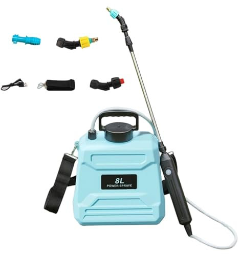 Buithafu Spruzzatore elettrico da giardino da 8 l [200 minuti] – con 3 ugelli (ottone, ventagli, fascio) e asta telescopica regolabile (30-66 cm), design ABS, per irrigazione, concimazione e pulizia