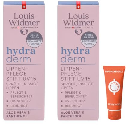 Louis Widmer hydraderm Lippenpflege Stift UV 15, 2x 4,5 ml I Beruhigende Pflege bei spröden Lippen I mit Aloe Vera, Panthenol & LSF 15 I vegan, ohne Mikroplastik I Spar-Set plus Pharma Perle give-away