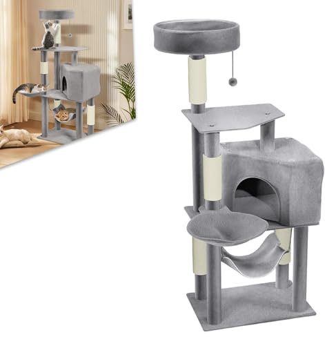 LZQ Katzenbaum Kratzbaum mit Mehreren Ebenen, Weichem Plüsch, Kratzpfosten, Katzenhöhle, Hängematte, Spielbälle und Plattformen, Stabiler Katzenkletterturm Katzenmöbel für Katzen (Typ B, Hellgrau)