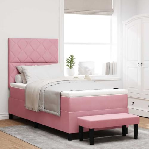 vidaXL Boxspringbett mit Samtmatratze & Bank Pink 100X200 cm | Stilvolles Diamantblockdesign mit einfachen Montagewerkzeugen | Ideal für Erwachsene Schlaflösungen Schlafzimmermöbel