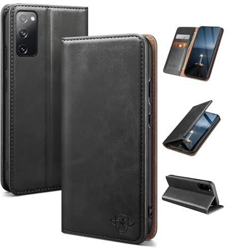 SUANDUCK for Samsung Galaxy S20 FE mobile phone case magnetic leather flip case with RFID-blocking card compartment, adjustable stand and 360° drop protection with Samsung S20 FE Black