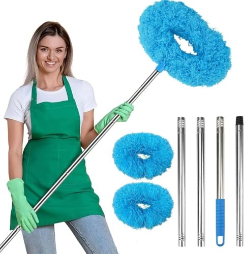 PIONEER GOODS Multipurpose Ceiling Fan Cleaner Brush with 2 Microfiber Heads,140cm Extendable Pole - Ceiling & Wall Duster for Fans, Shelves, Blinds & More - Lightweight, Washable & Reusable - UK