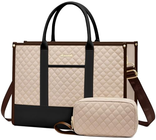 LOVEVOOK Sac pour ordinateur portable pour femme - Étanche - Grand sac d'école - Sac d'affaires - Sac professeur - En cuir - Sac fourre-tout pour le bureau et l'université, kaki et noir, 15,6 Zoll