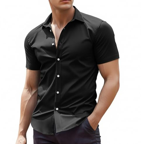viiotu Men's Short Sleeve Dress Shirt Wrinkle Free Moisture 4-Way Stretch Comfort Soft Casual Button Down Shirts