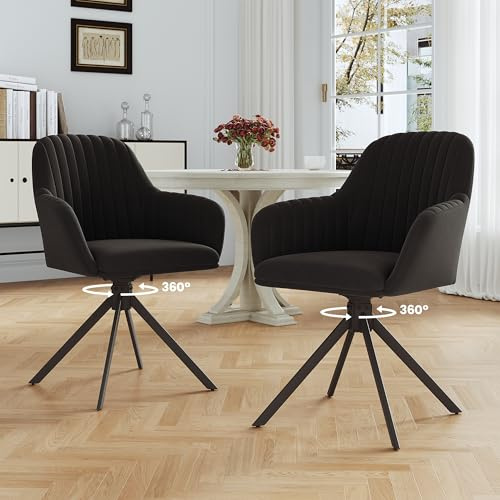 Hawthyhome Esszimmerstühle 2er Set Samt Drehstuhl Schwarz/Schwarz | Drehbar Esszimmerstuhl mit Armlehne,Küchenstuhl mit Metallgestell und Rückenlehne für Esszimmer,Wohnzimmer,Büro