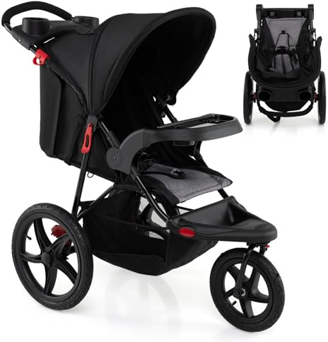 COSTWAY Dreirad Kinderwagen, faltbarer Reisebuggy mit Liegefunktion, verstellbarem Sonnendach & abnehmbarem Tablett, Kinderbuggy mit Getränkehaltern, Aufbewahrungstasche für Baby von 0-4 Jahren