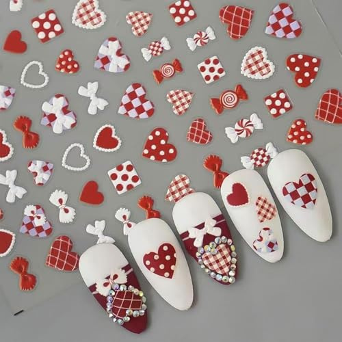 Muorruo Nagelsticker mit Herzmotiv, rot-weiße Nagelsticker für Nagelkunst, selbstklebende Nagelsticker mit Schleifen-Design, 5D-geprägte Nägel, Zubehör für Maniküre und Dekorationen