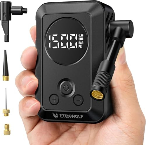 Etenwolf S0-2400 mAh Mini Pompa Elettrica per Bici 10,34 Bar/150 PSI | Compressore aria portatile per Bici, Auto e Moto, Gonfiaggio rapido e arresto automatico, Pompa per Bicicletta con Manometro