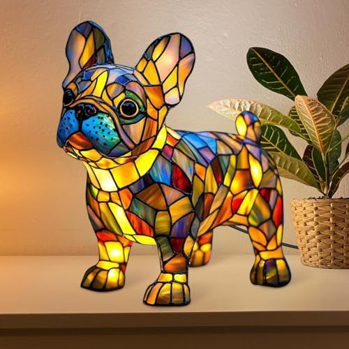 CEWROM Französische Bulldogge Lampe, LED Nachtlicht der Hundeserie, Hunde Tischlampe aus Gebeiztem Kunstharz mit warmem Licht, Haustier-Dekolampe für Hundefans