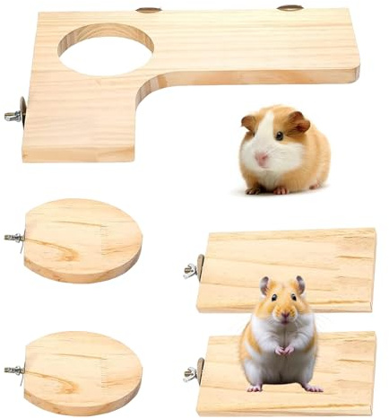 ZYQUES 5 Stück Hamster Zubehör Set, Kleintier Plattform Hamster Etage Vogelplattform Rechteckig Sprungbrett Hamster Spielzeug für Vögel Chinchilla Hasen Meerschweinchen, Holzfarbe