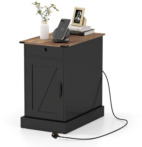 COSTWAY Bedside Table with Charging Station, Wooden Nightstand End Sofa Side Table with Drawer, Cabinet & Adjustable Shelf, Narrow Accent Bedside Cabinet for Small Spaces (1, Black+ Rustic Brown)