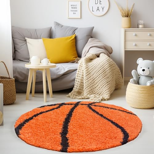 KADIMA DESIGN Kinderteppich Basketball-Motiv Pflegeleicht Bunt Waschbar Strapazierfähig Rund Orange 100x100 cm Kinderzimmer Fußbodenheizung geeignet Schadstoffgeprüft Oeko-TEX | MATREI