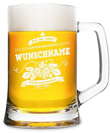Personalisierter Bierkrug 0,5 L mit Gravur - Hopfen-Smoothie Motiv - Bierseidel als Geschenk für Männer zu Weihnachten - mit Laser der Name in das Bierglas eingebrannt
