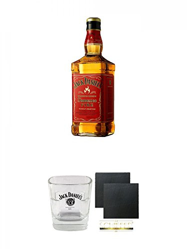 Jack Daniels FIRE 0,7 Liter + Jack Daniels No. 7 Glas mit Eichstrich 2 und 4 cl 2 Stück + Schiefer Glasuntersetzer eckig ca. 9,5 cm Ø 2 Stück