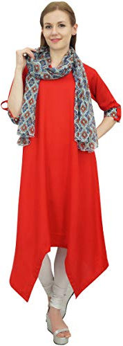 Bimba Rouge Rayon De Femmes Kurta Avec Écharpe Asymmetrial Hem Robe D'Été Ethnique - 38