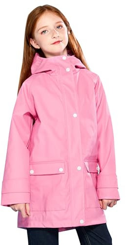 SOLOCOTE Chubasquero para Niños con Capucha Mochila Forrada de Goma para Niñas y Niños Impermeable y Resistente al Viento Fucsia 9-10 años