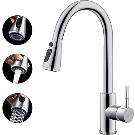 QUEENSDOWN Grifo de cocina de níquel cepillado acero inoxidable, 360 °Giratorio Mezcladora para Fregadero Llave Mezcladora para Cocina con rociador desplegable (3 modos de pulverizació）