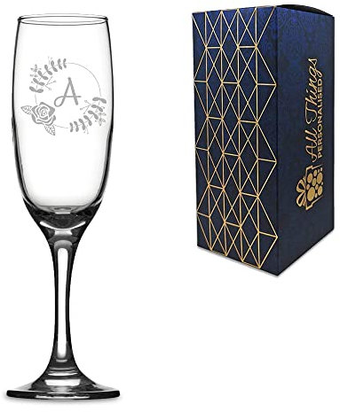 Personalised Engraved Novelty Champagne Flute with Initial and Wreath, Gift Boxed, Perfect for Any Occasion