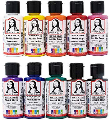 südor kırtasiye 1955 Monalisa Acrylfarben Set. 10 Farben je 40 ml mit Pinsel zum Bemalen auf Holz, Stein und Leinwand für Kinder und Erwachsene