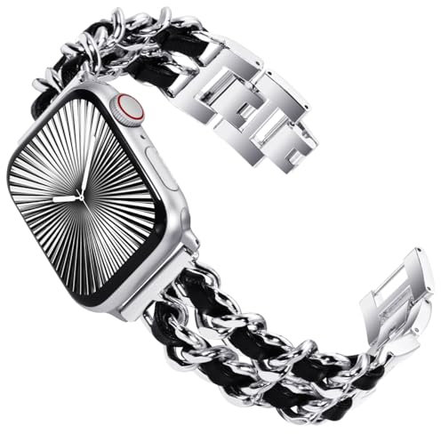 KADES Damen Ersatzarmbänder Kompatibel mit Apple Watch Armband 46mm 45mm 44mm 42mm(Series 3 2 1),Metall Gliederarmband für iWatch SE (3 2 1) Series 11/10/9/8/7/6/5/4/3/2/1, Silber/Schwarz