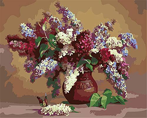 Awesocrafts Malen nach Zahlen-Set, Lila und Schmetterling, Blumen in Vase, Zahlengemälde für Erwachsene und Kinder, 40 x 50 cm, (bunte Blumen, gerahmt)
