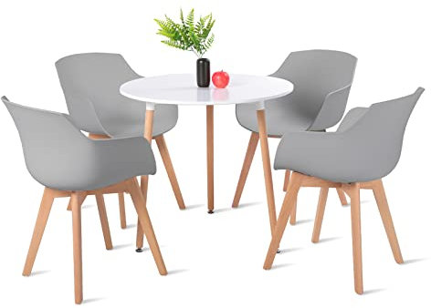 H.J WeDoo Essgruppe mit 1 Tisch 4 Stühle, Moderner Rund Tisch mit 4 Grau Skandinavisch Stühle für Küche, Garten, Cafeteria, Bar