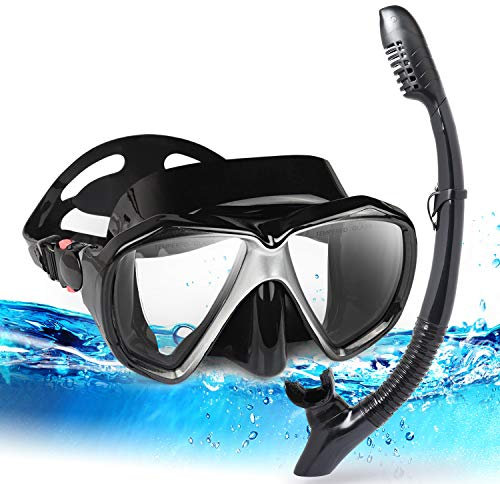 Schnorchelset Erwachsene Schnorchelausrüstung Anti-Beschlag-Panorama-Tauchmaske und Trockenschnorchel Anti-Leck Schnorchelmaske für Freitauchen, Schnorcheln, Schwimmen (Schwarzes Satz)