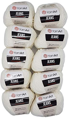 Ilkadim 10 x 50g Strickwolle YarnArt Jeans einfarbig mit 55% Baumwolle, 500 Gramm Wolle Uni (Creme 01)