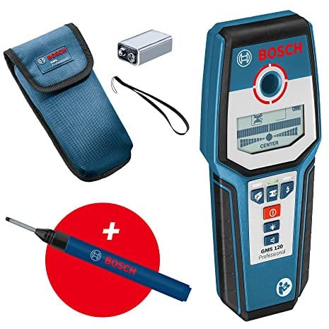 Bosch Professional Detector de pared GMS 120 (marcador de agujeros, detección máx. en madera/metal magnético/metal no magnético/cables con tensión: 38/120/80/50 mm) - Amazon Exclusive Set