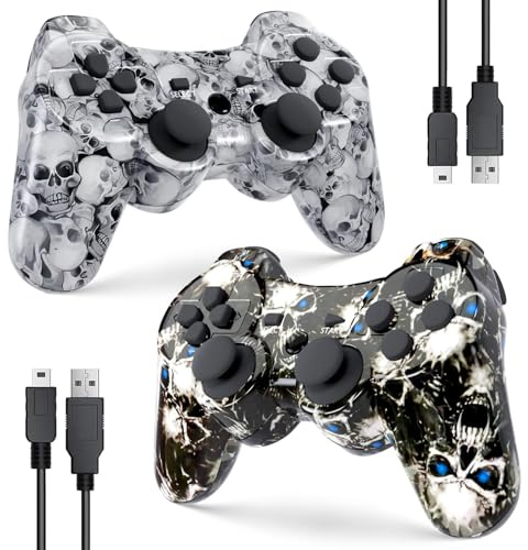 Zeion Controller PS3 wireless, joystick da gioco per Playstation 3 con cavo di ricarica (fantasma nero, teschio bianco)