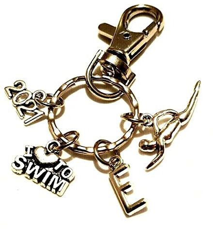 Personalised 'I Love to Swim' Keychain with Initial, Swimmer and The Present Year, Swimming Keyring, Fitness Bag Charm, Keep Fit Keychain