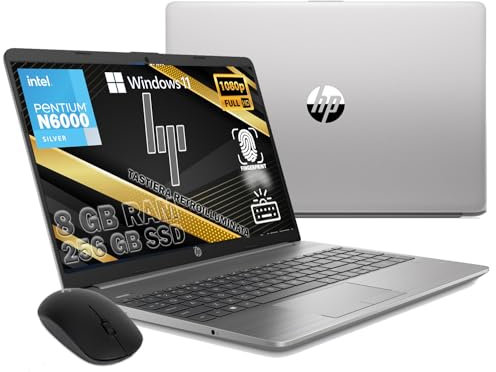 HP Notebook Portatile Full HD Intel Cereno Pentium N6000 15,6 Hd,Ram 8Gb Ddr4,Ssd 256 Gb M2,Hdmi,Usb 3.0,Wifi,Lan RJ-45, Bluetooth, Webcam, Windows 11 Pro Mouse Omaggio