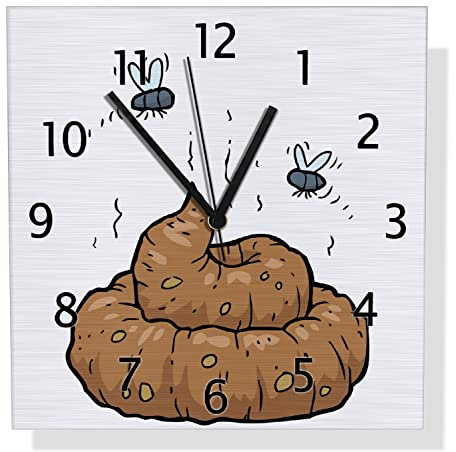 Wallario Design Wanduhr Comic Scheißhaufen mit Fliegen aus Aluverbund, Alu-Uhr Größe 30 x 30 cm, Schwarze Zeiger mit Metalloptik