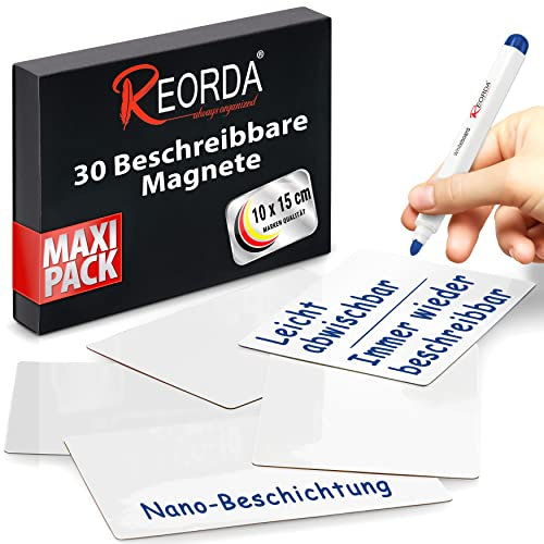 Reorda® Magnetstreifen beschreibbar - 30 Stück wiederbeschreibbar - 10 x 15cm (Weiß) - Beschreibbare Magnete für Whiteboard, Kanban, Magnettafel oder als beschriftbare Magnete für den Kühlschrank