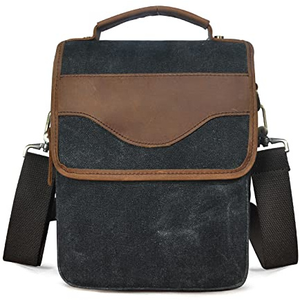 Le'aokuu Herren Canvas und echtes Leder Design One Shoulder Messenger Umhängetasche für Herren Satchel 144 (Schwarz)
