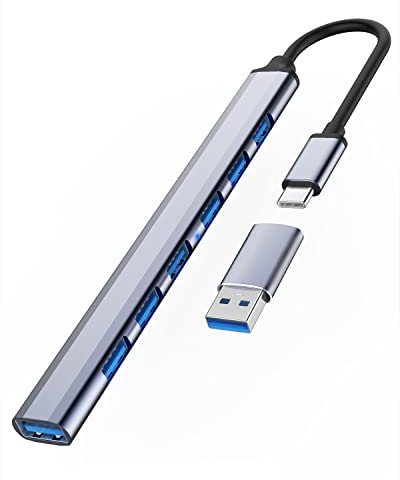 USB C Hub 3.0 Adapter 7 Port, Ultra Dünner Mini Verteiler (3.0*1+2.0*6) Tragbarer Aluminium Datenhub Mit C Auf A Adapter Für MacBook Pro/Air, Flash-Laufwerk, Tastatur, Maus Und Mehr