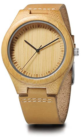 LeeEv Holz- und Bambusuhren, 45 mm Herrenuhr aus Holz und Bambus mit handgefertigtem Kuhlederarmband, Geschenk für Männer