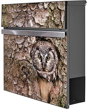 banjado® Briefkasten Anthrazit mit Motiv Eule/Briefkasten mit Zeitungsfach 37x37x10,5 cm groß/Postkasten A4 Einwurf inkl. Montagematerial & 2 Schlüsseln