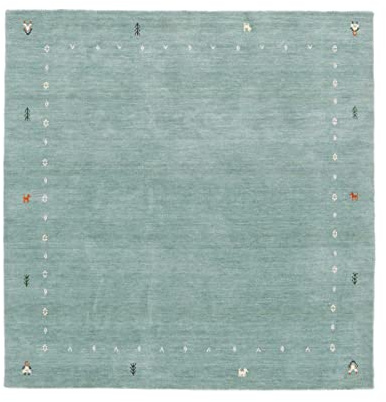 RUG PRINCE Wollteppich Gabbeh Muti 150x150 Handgewebt Quadratisch Türkis Einfarbig b