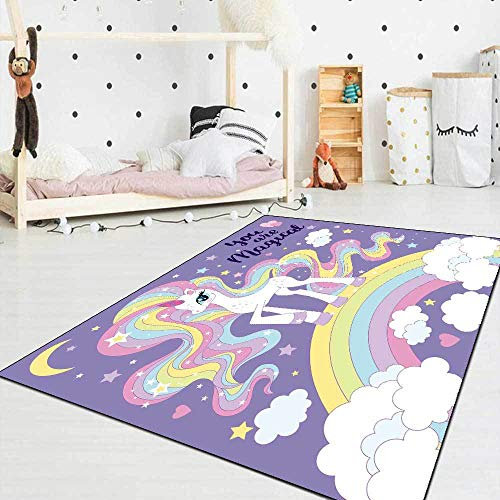 Tappeti Design Pädagogischer Spielteppich Cartoon Einhorn Regenbogen Lila,Schlafzimmer, Spielzimmer, Familienspiele-60x120cm