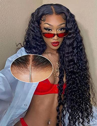 Pelucas de cabello humano sin pegamento, 26 pulgadas, ondulado, HD 7 x 5 pulgadas, peluca de encaje real sin pegamento, peluca sin pegamento, peluca precortada, sin pegamento, color negro natural